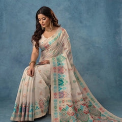 Meenakari Cotton White Saree