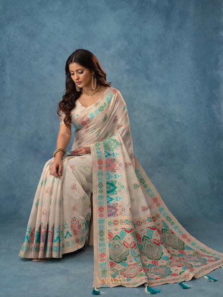 Meenakari Cotton White Saree