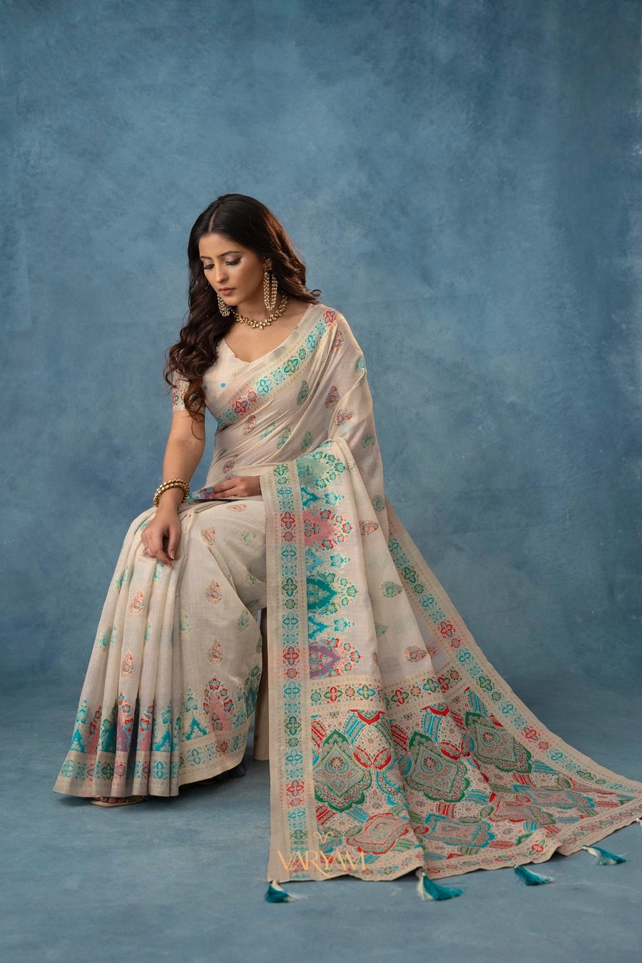 Meenakari Cotton White Saree