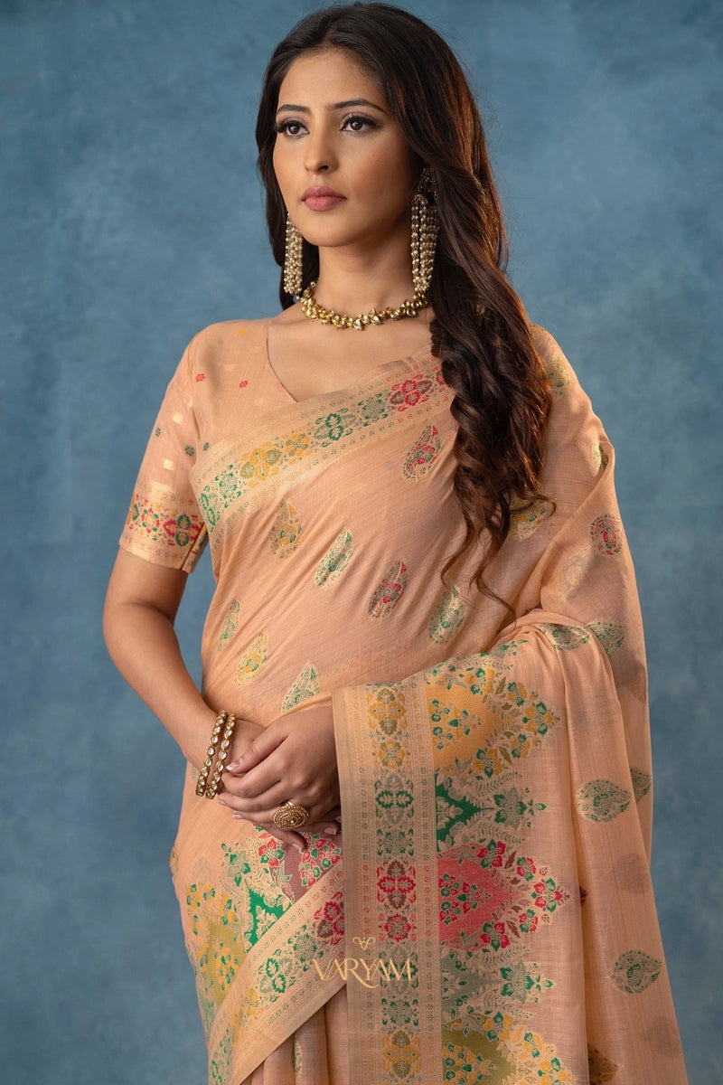 Meenakari Cotton Peach Saree