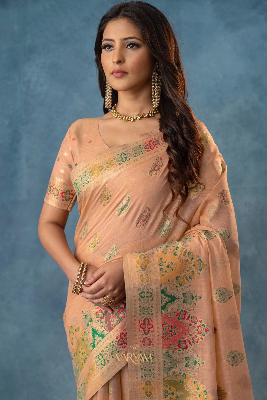 Meenakari Cotton Peach Saree