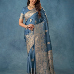Strawberry Satin Silk Blue Saree