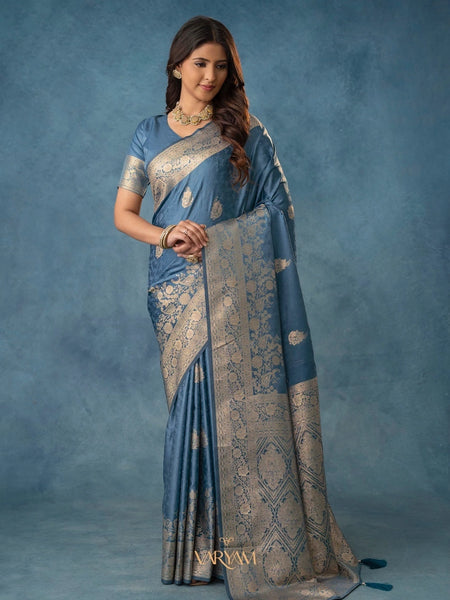 Strawberry Satin Silk Blue Saree