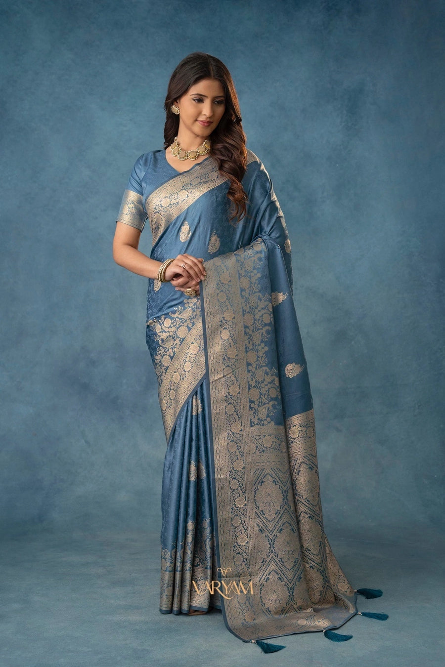 Strawberry Satin Silk Blue Saree