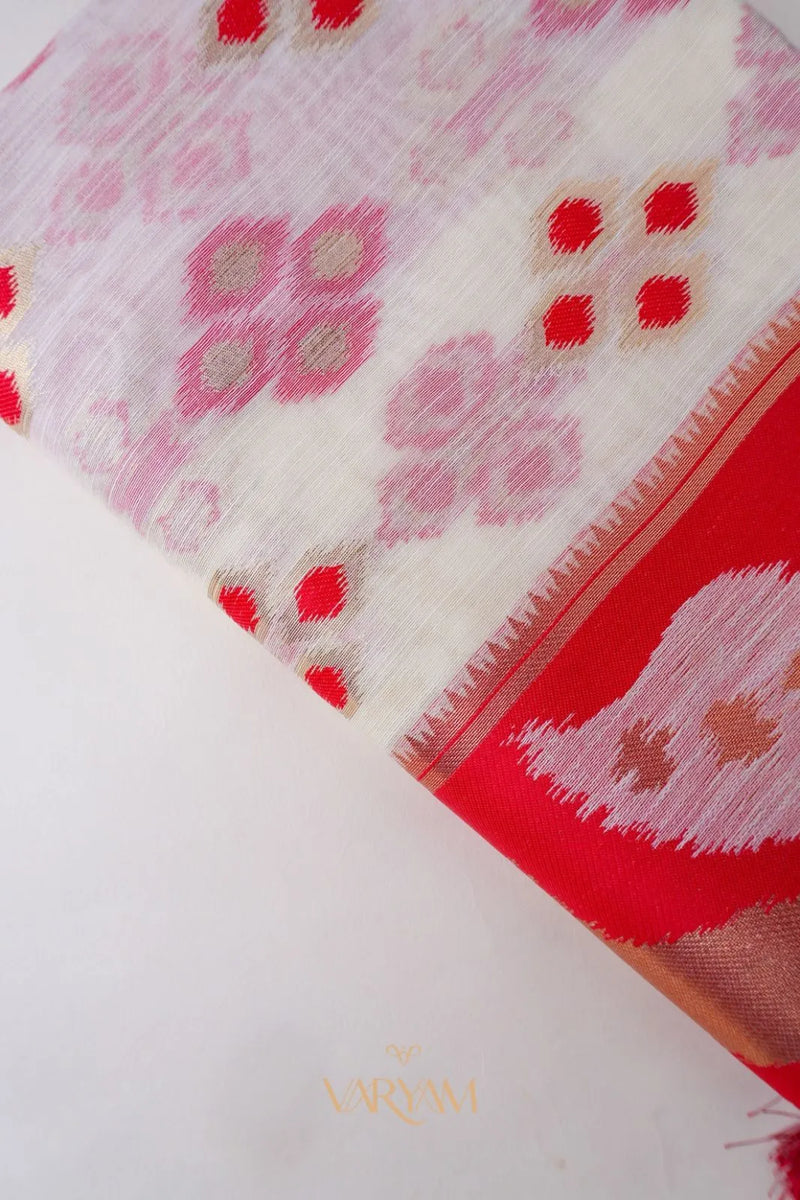 Patola Linen Cream Red Saree