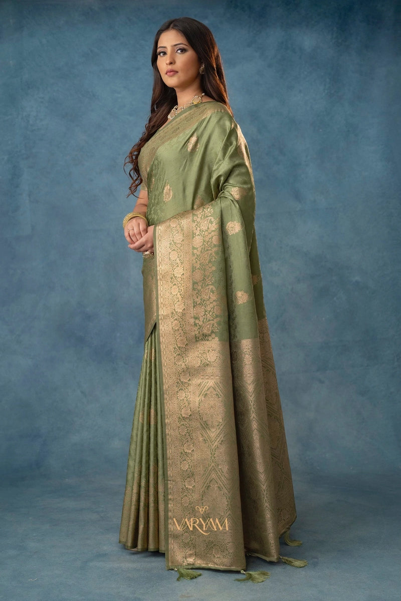 Strawberry Satin Silk Green Saree
