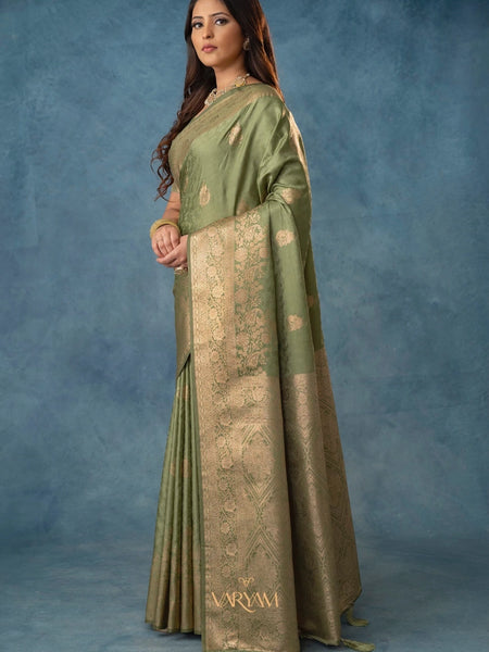 Strawberry Satin Silk Green Saree
