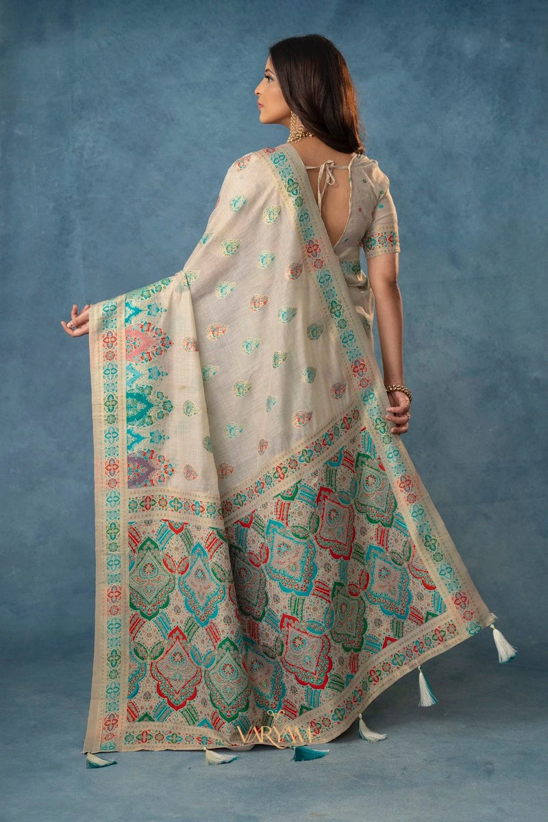 Meenakari Cotton White Saree