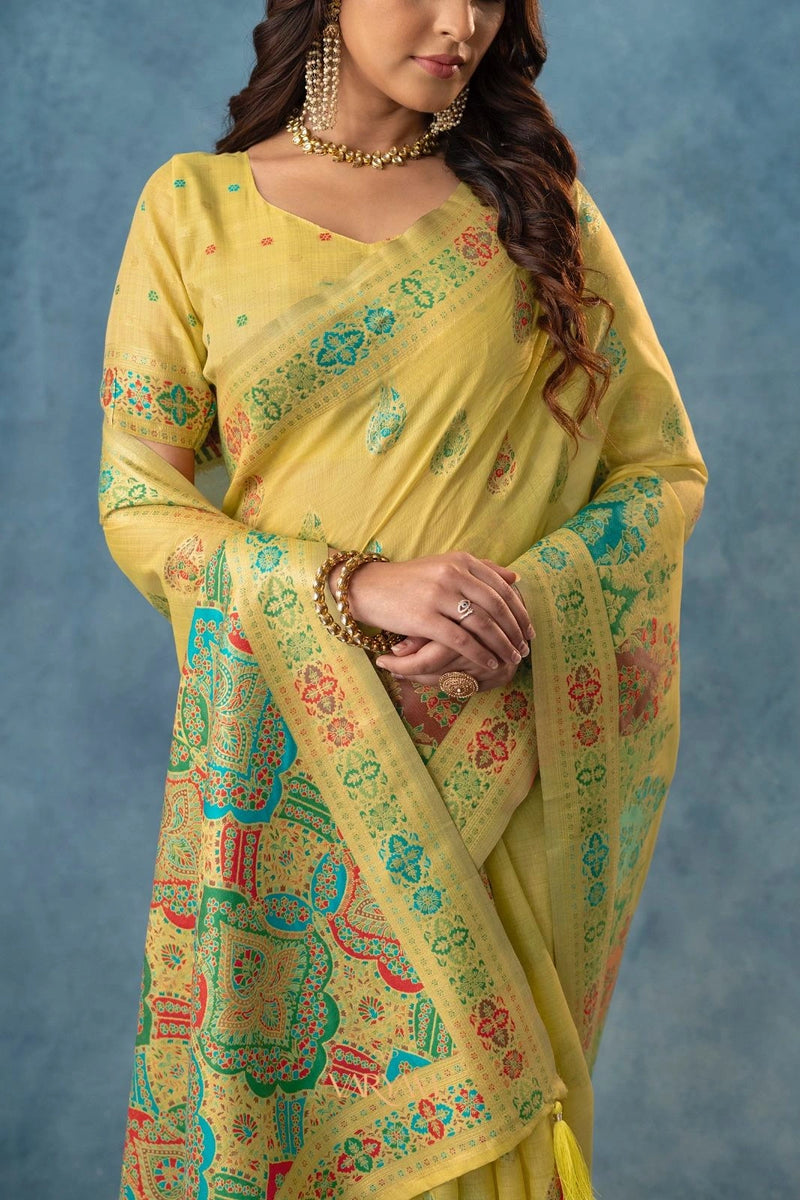 Meenakari Cotton Yellow Saree