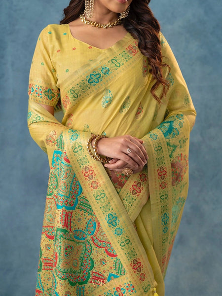 Meenakari Cotton Yellow Saree