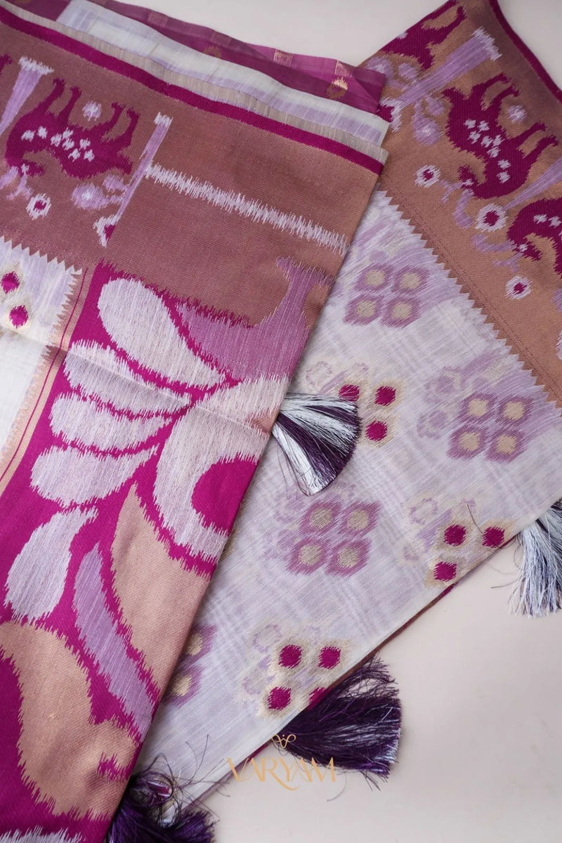 Patola Linen Cream Purple Saree