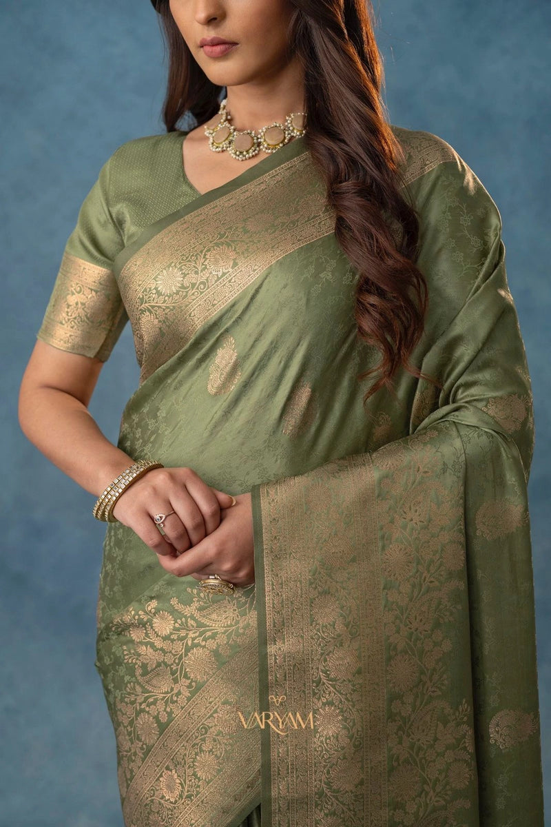 Strawberry Satin Silk Green Saree