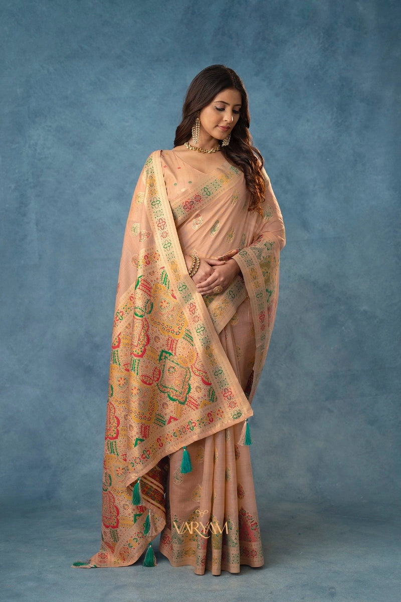 Meenakari Cotton Peach Saree