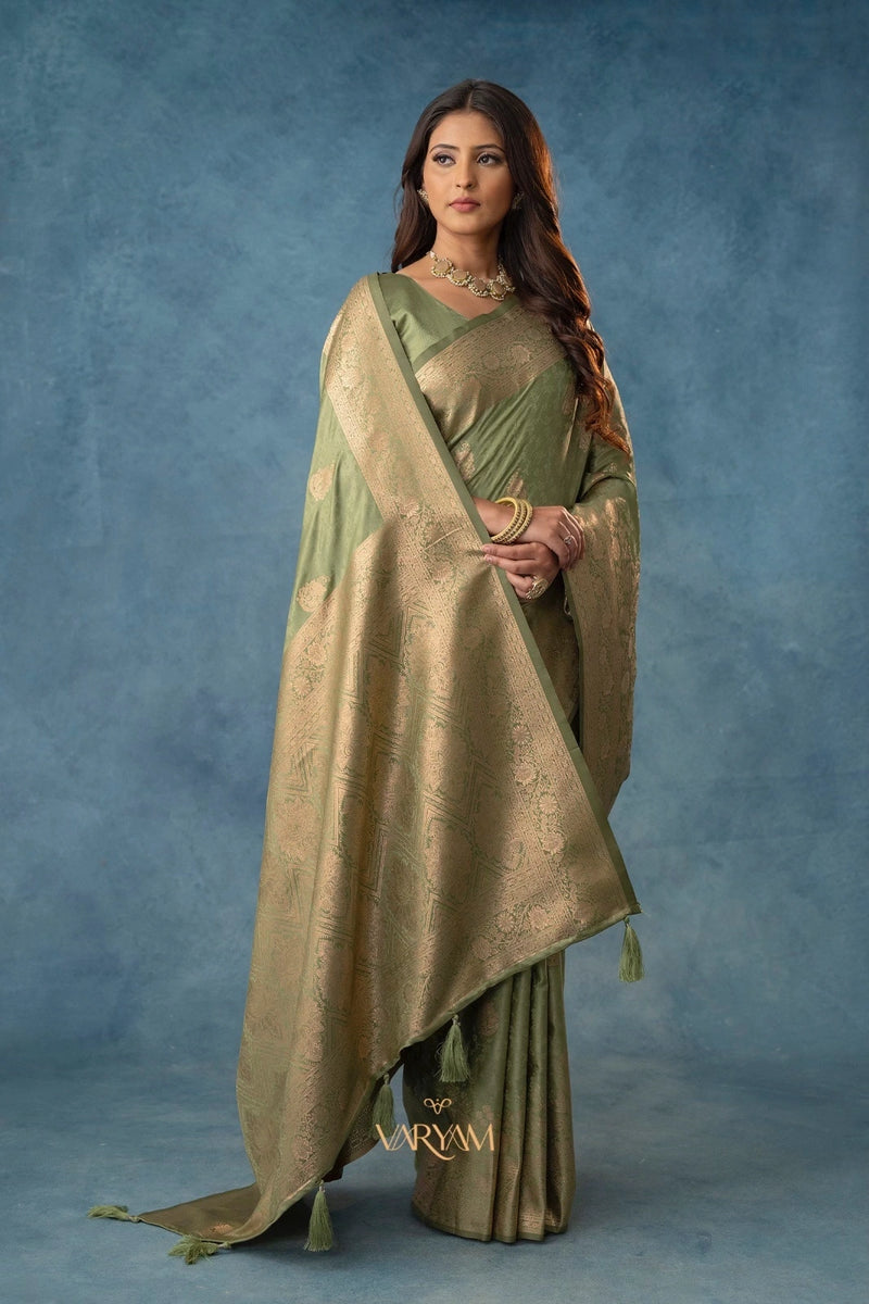 Strawberry Satin Silk Green Saree