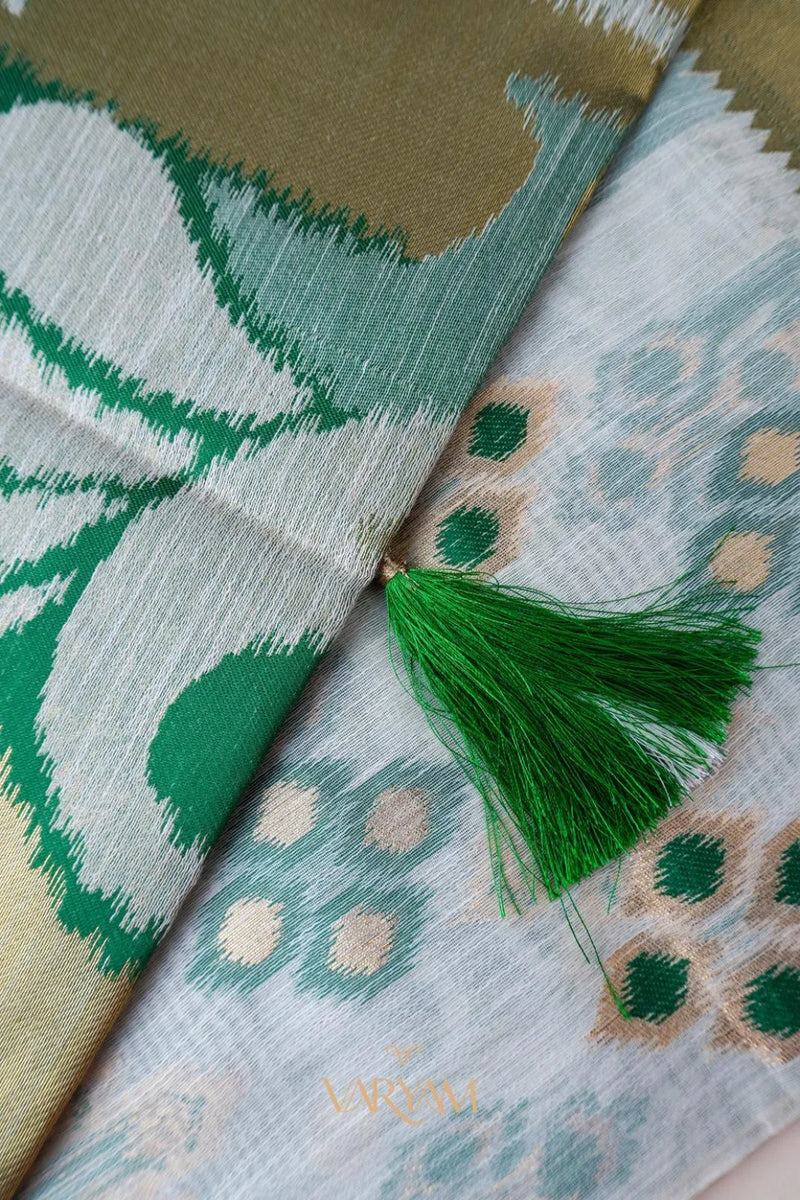 Patola Linen Cream Green Saree