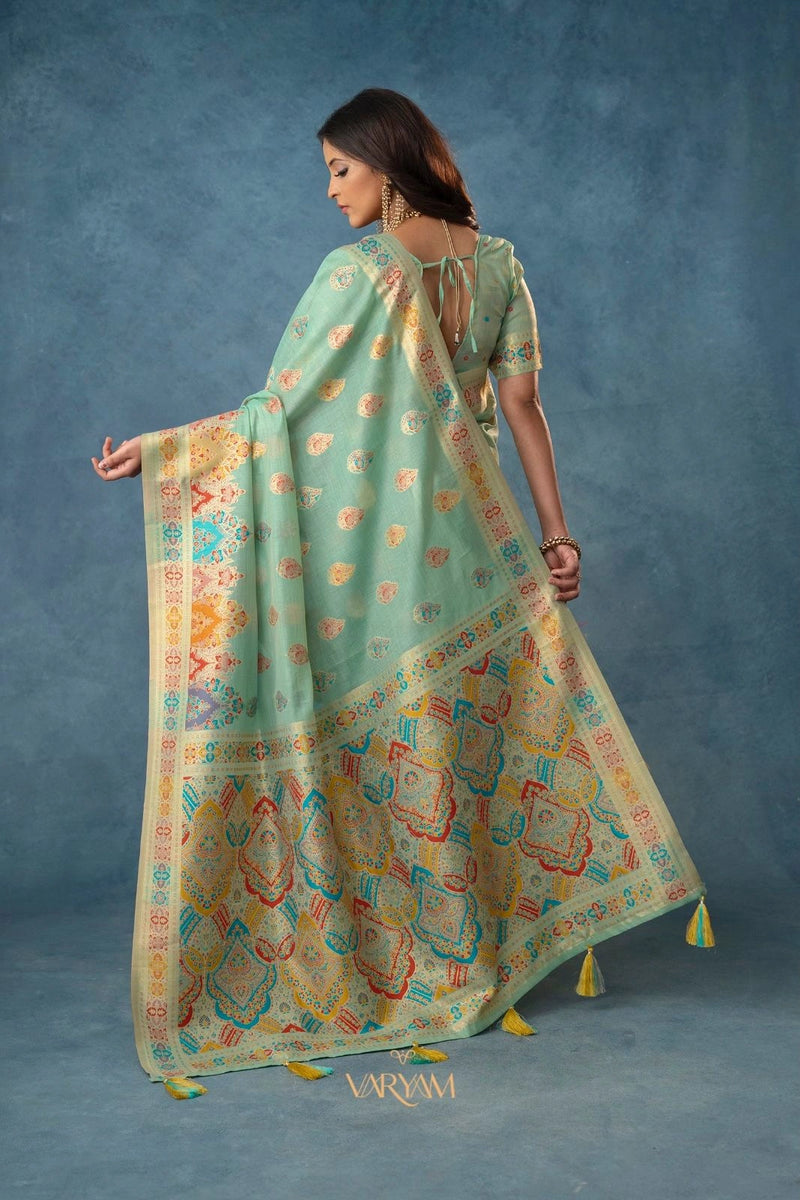 Meenakari Cotton Mint Saree