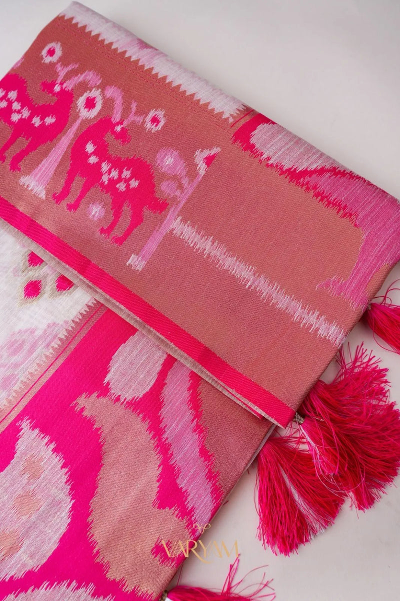 Patola Linen Cream Pink Saree