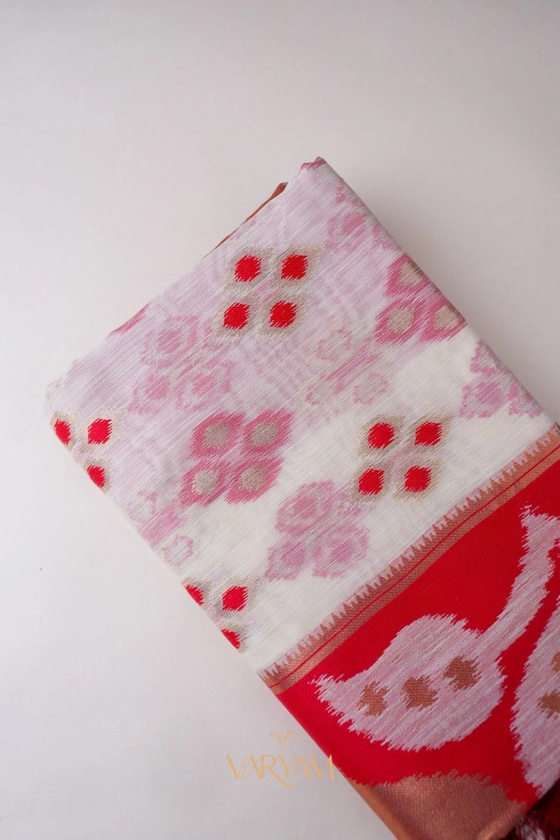Patola Linen Cream Red Saree