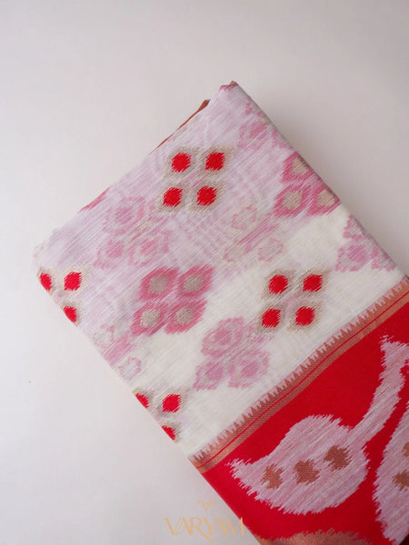 Patola Linen Cream Red Saree