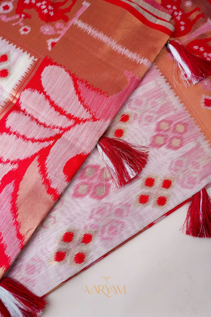 Patola Linen Cream Red Saree