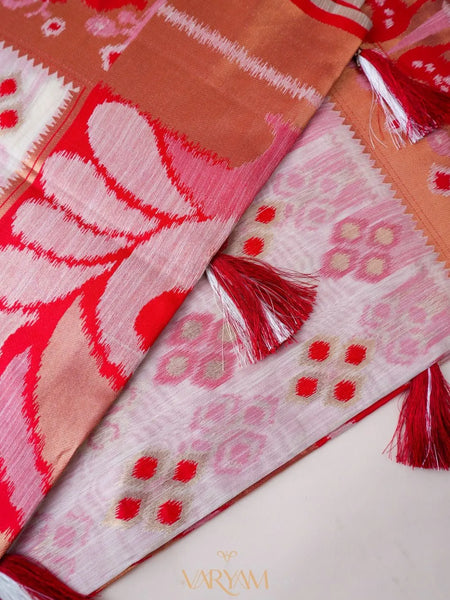 Patola Linen Cream Red Saree