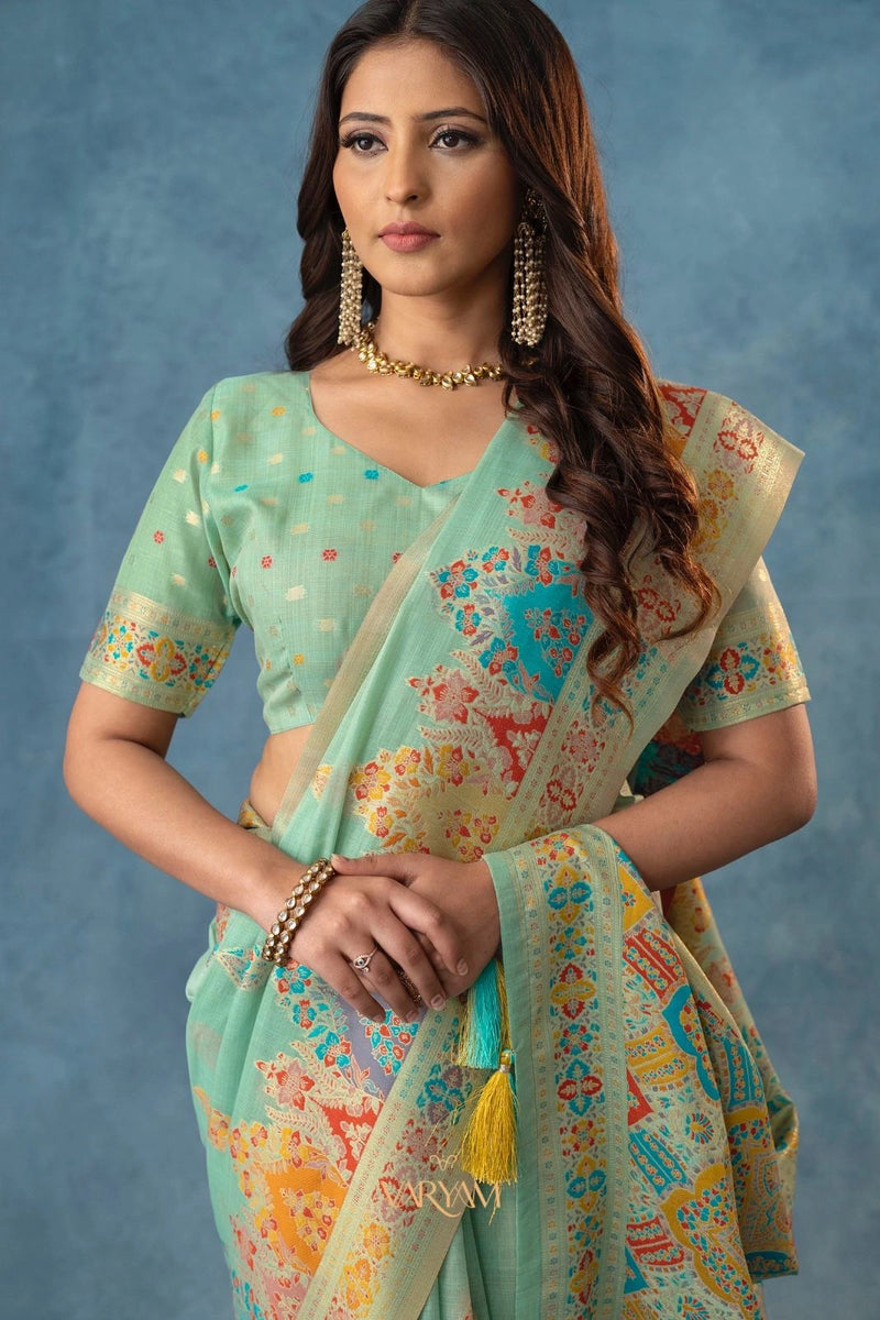 Meenakari Cotton Mint Saree