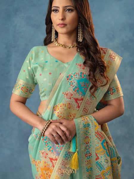 Meenakari Cotton Mint Saree