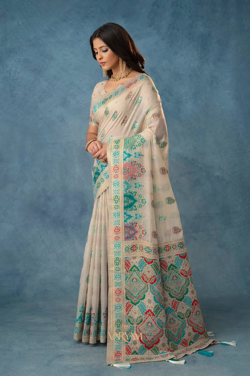 Meenakari Cotton White Saree