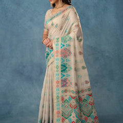 Meenakari Cotton White Saree
