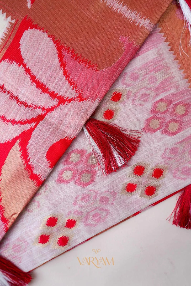 Patola Linen Cream Red Saree