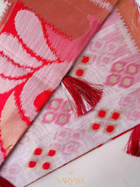 Patola Linen Cream Red Saree