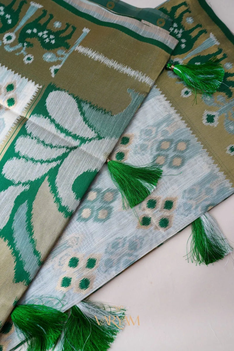 Patola Linen Cream Green Saree