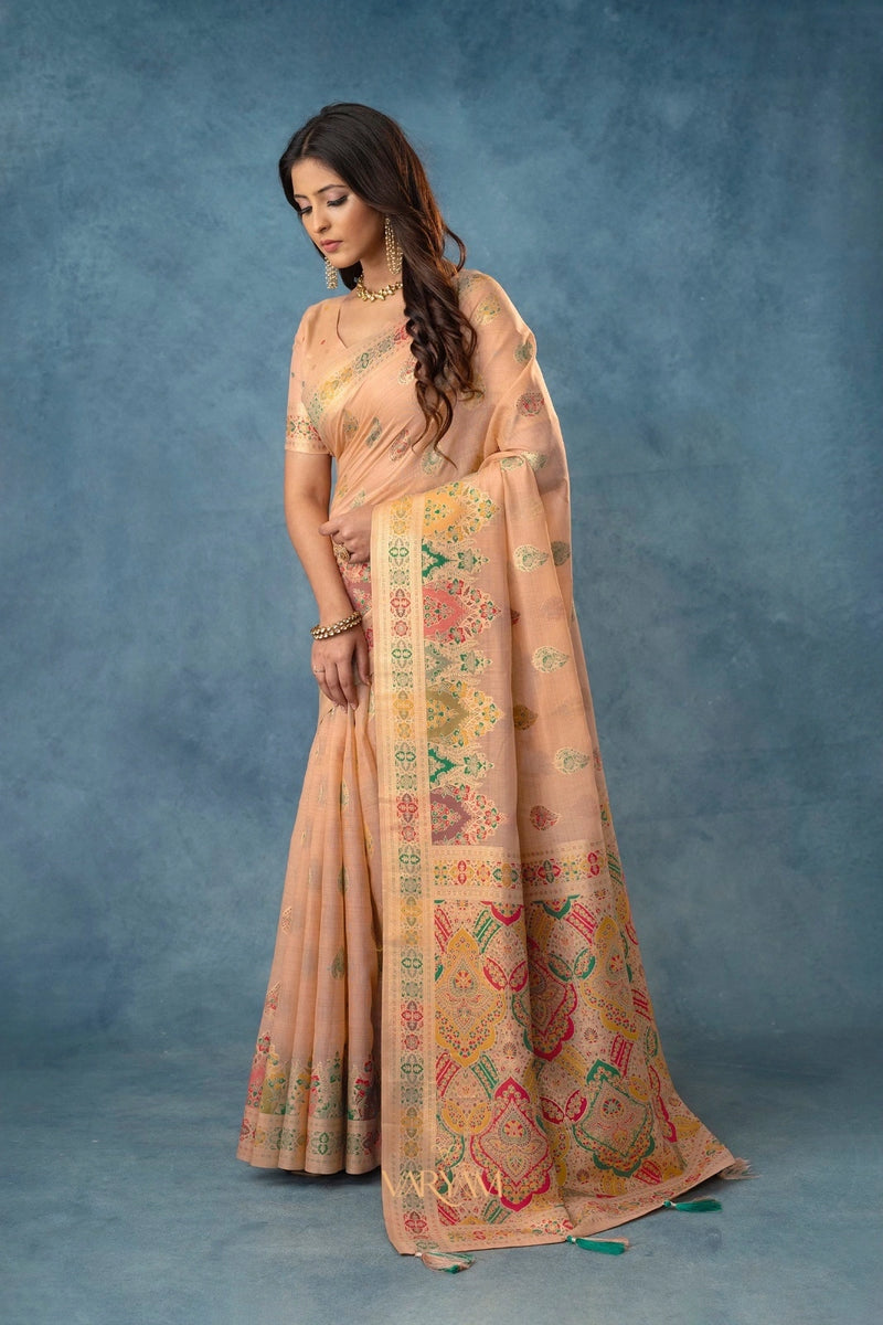 Meenakari Cotton Peach Saree