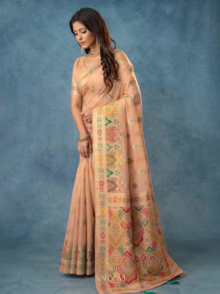Meenakari Cotton Peach Saree