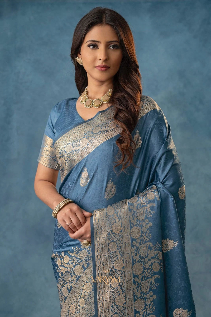 Strawberry Satin Silk Blue Saree