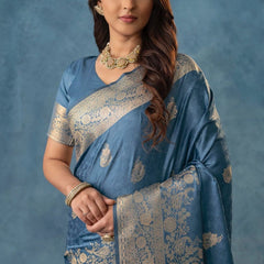 Strawberry Satin Silk Blue Saree