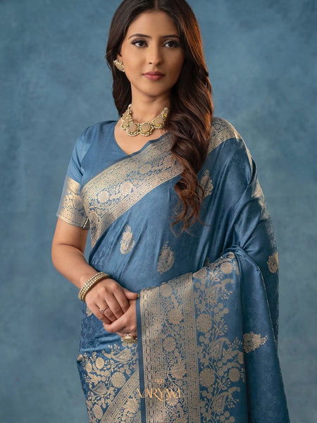 Strawberry Satin Silk Blue Saree