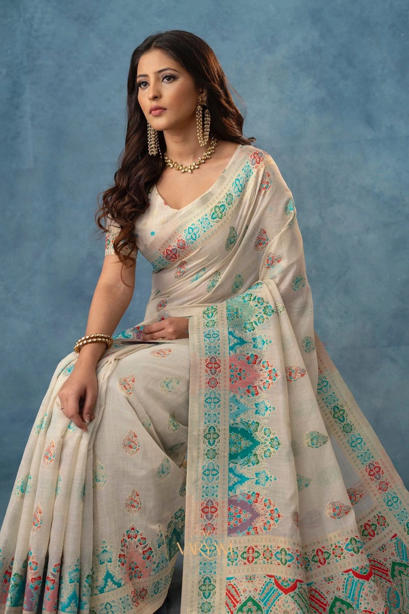 Meenakari Cotton White Saree