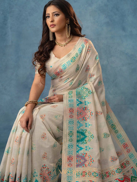 Meenakari Cotton White Saree