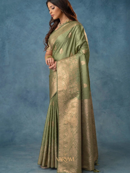 Strawberry Satin Silk Green Saree