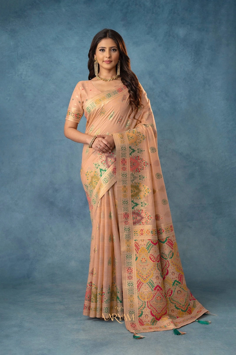 Meenakari Cotton Peach Saree