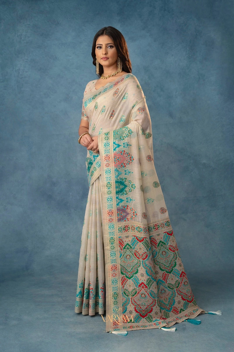 Meenakari Cotton White Saree