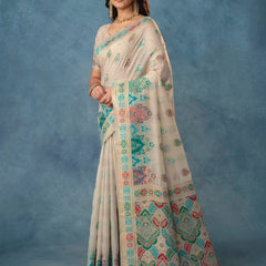 Meenakari Cotton White Saree