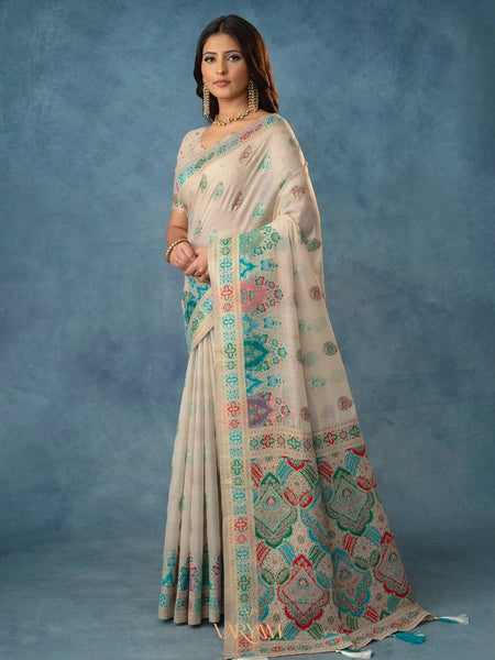 Meenakari Cotton White Saree