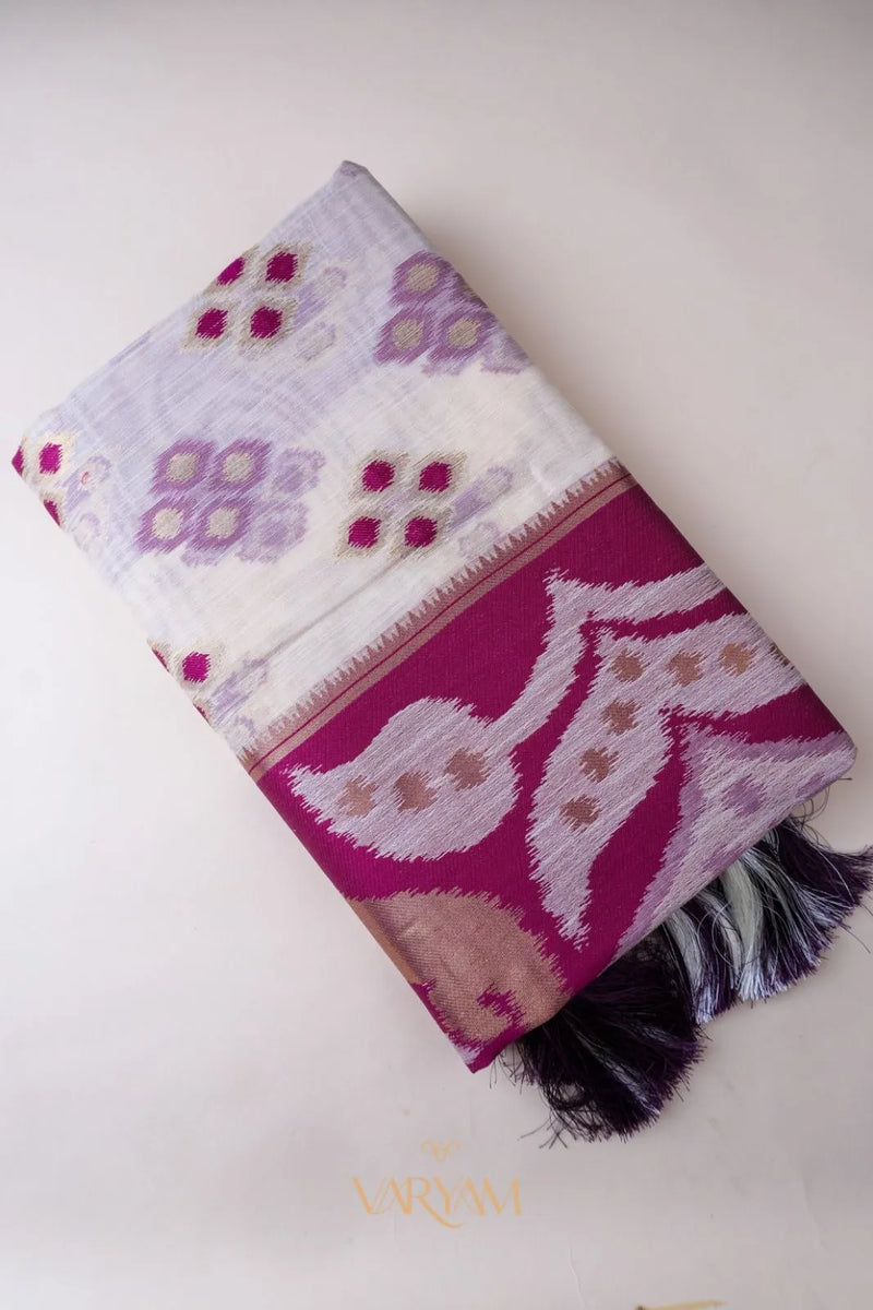 Patola Linen Cream Purple Saree
