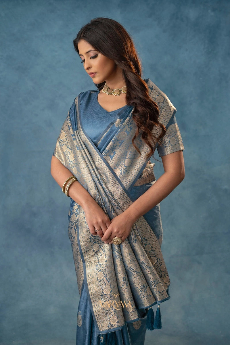 Strawberry Satin Silk Blue Saree