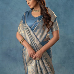 Strawberry Satin Silk Blue Saree