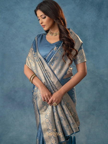 Strawberry Satin Silk Blue Saree