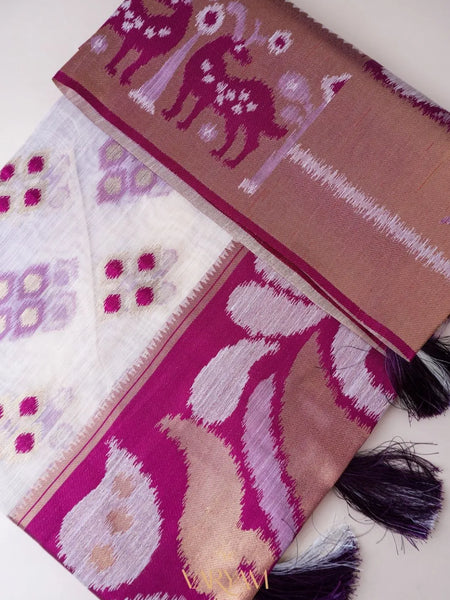 Patola Linen Cream Purple Saree