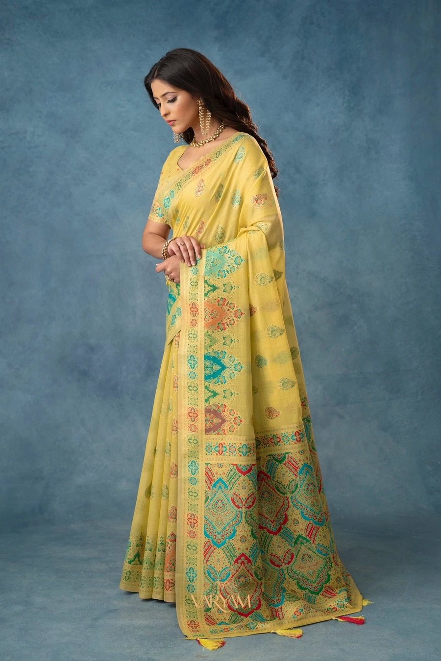 Meenakari Cotton Yellow Saree
